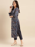 Anni Designer Women'S Cotton Blend Printed Straight Kurta With Pant (Win Blue-Nw_S_Blue_Small),Blue,S,Cotton Blend,Regular,Kurta
