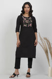 W For Woman Black Floral Print Cotton Straight Kurta_24Few11270-222056_Xl