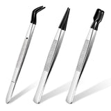 Honoson 3 Pieces Rubber Tipped Tweezers for Crafting Set - PVC Coated Flat, Straight & Bent Tips Stamps, Beads, Jewelry(Black)