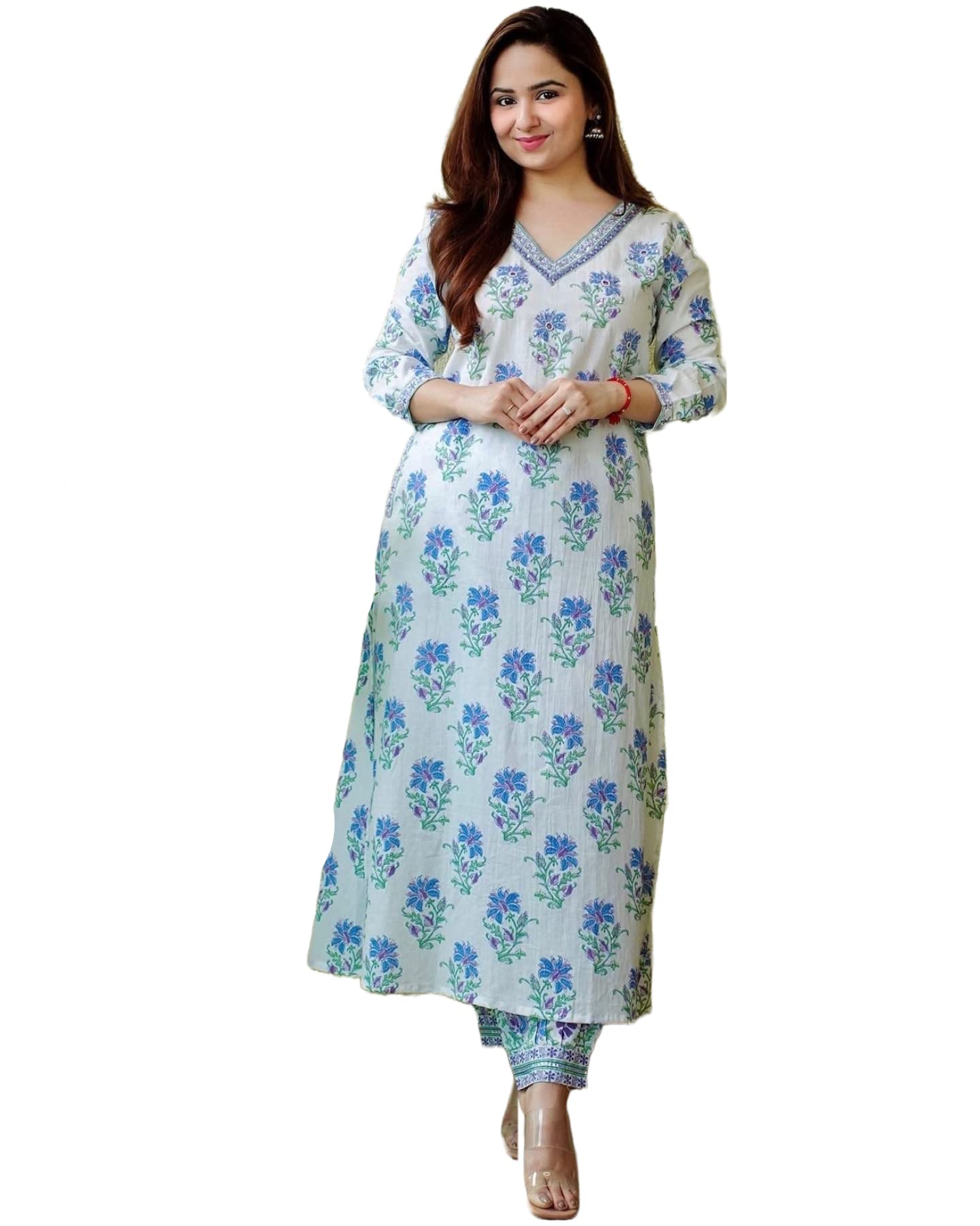 Gosriki Women'S Cotton Blend Printed Straight Kurta With Pant (Dhara White-7Nw-Gs_S_White_Small),White,,B0C4T7JNY7
