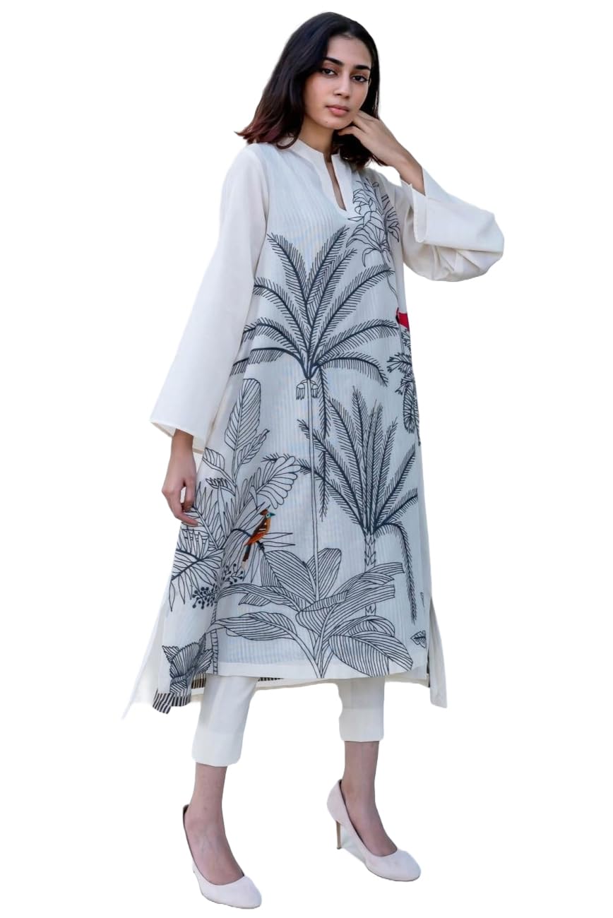 Anni Designer Women'S Cotton Blend Straight Printed Kurta With Pant (Nabhita White_M_White_Medium),White,M