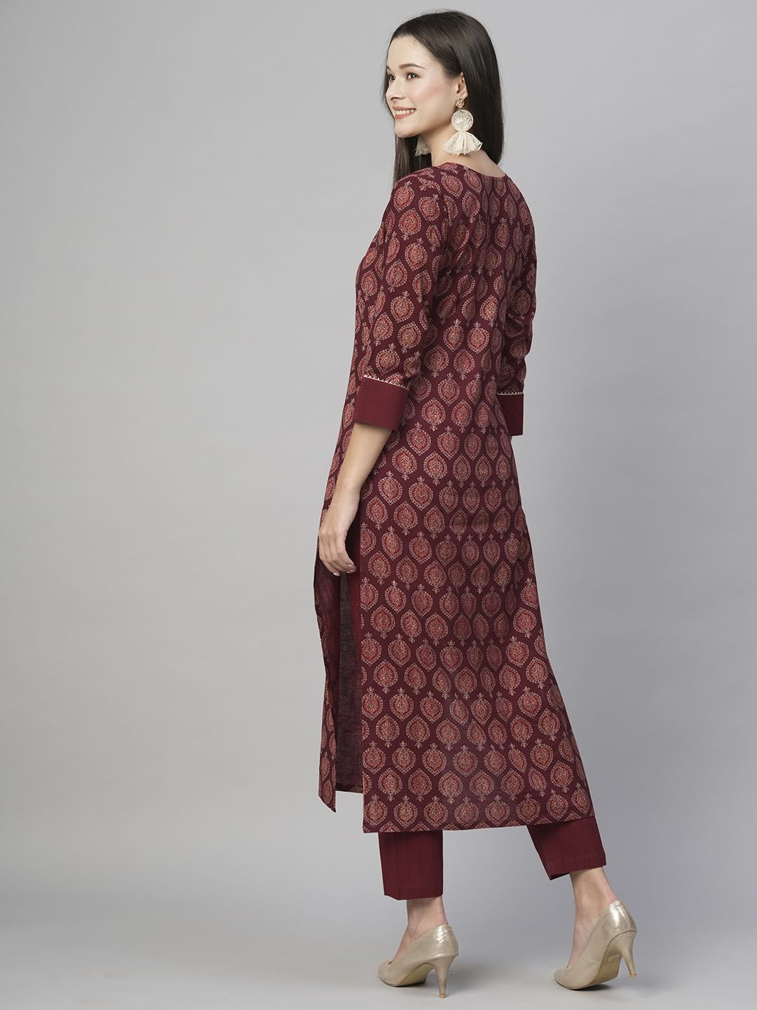 Anni Designer Women'S Cotton Blend Staright Printed Kurta With Pant (Garima Maroon_L_Maroon_Large),Maroon,L,Cotton Blend,Regular,Kurta