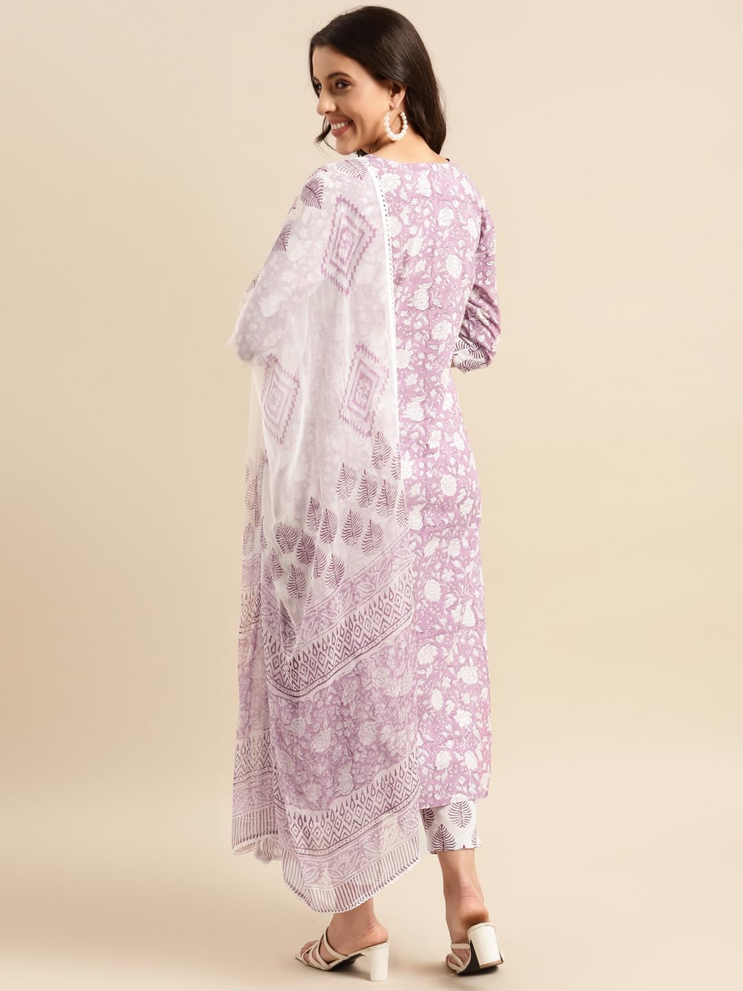 Anni Designer Women'S Cotton Blend Straight Printed Kurta With Pant & Dupatta (Ratnapriya Purple-Nwg_Xl_Purple_X-Large),Purple,XL,Cotton Blend,Regular,