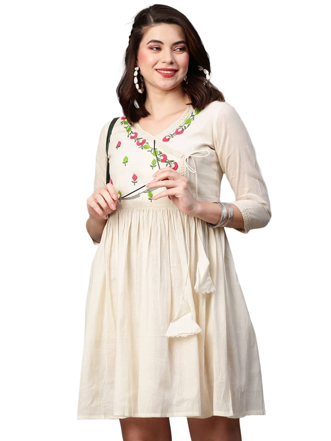 Gosriki Women'S Pure Cotton Flounce Sleeve Embroidery Ruffle Smock Dress (Jack-Dress-Cream_M-Gs_Cream_Medium),Cream,,B0BSH71KVP