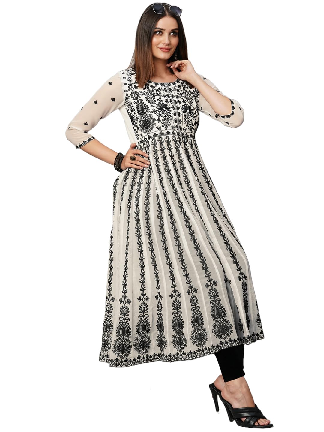 Anni Designer Women'S Cotton Blend Anarkali Chikankari Embroidered Kurti (Dori Kali White_L_White_Large),White,L