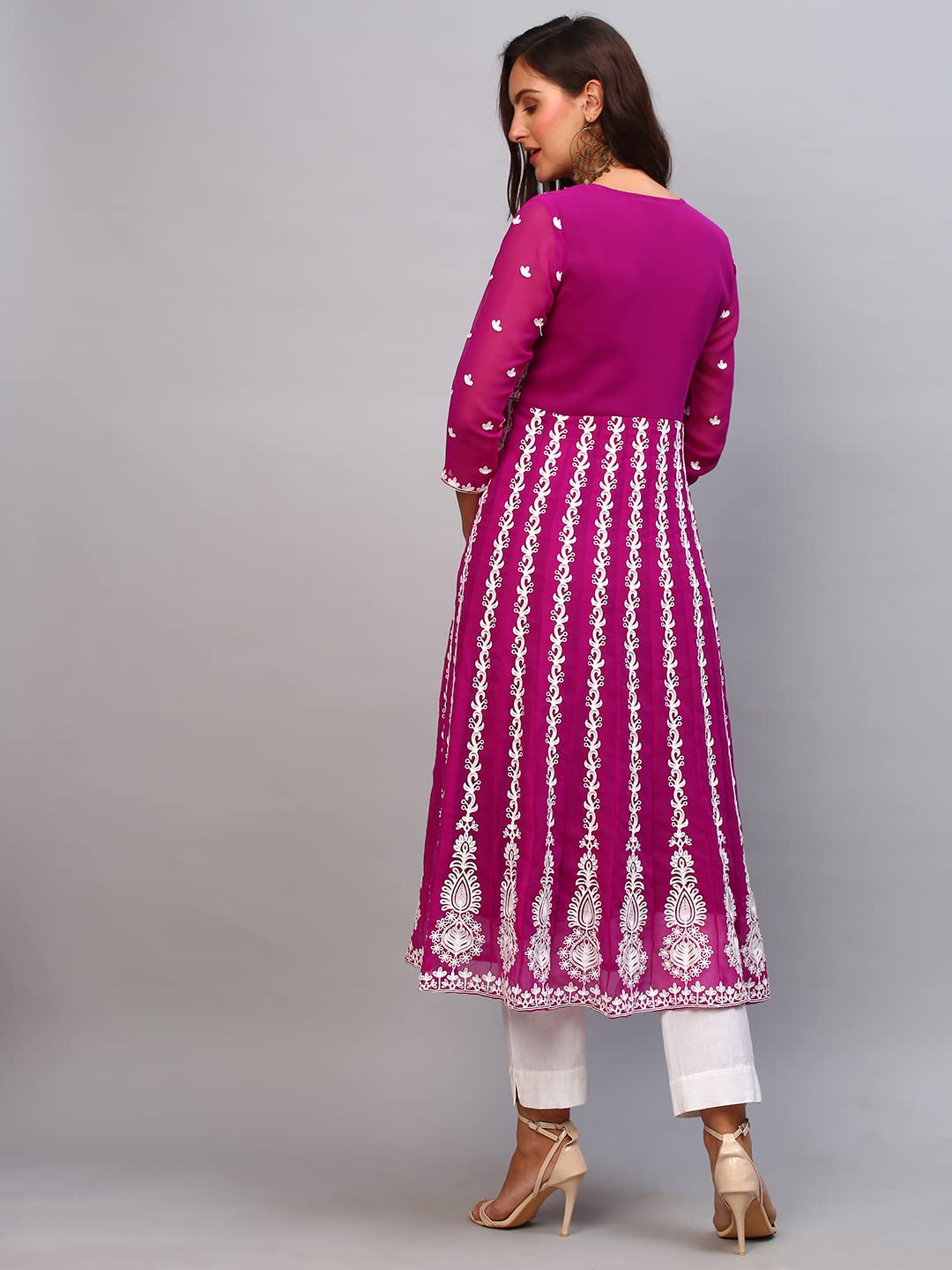 Anni Designer Women'S Georgette Chikankari Embroidered Anarkali Kurti (Naav Pink_M_Dark Pink_Medium),Pink,M,Georgette,Anarkali,Kurti