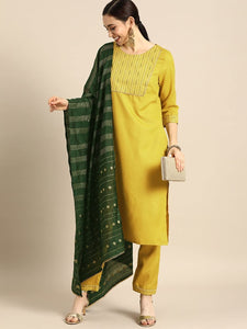 Anni Designer Women'S Ruby Cotton Straight Solid Kurta With Palazzo & Dupatta (Surat Mehandi_M-Yellow_X-Large),Yellow,XL,Cotton,Straight,Dupatta