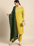 Anni Designer Women'S Ruby Cotton Straight Solid Kurta With Palazzo & Dupatta (Surat Mehandi_M-Yellow_X-Large),Yellow,XL,Cotton,Straight,Dupatta