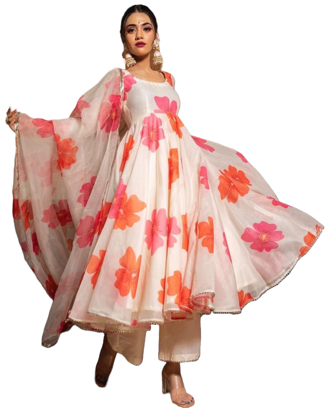 Anni Designer Women'S Chanderi Cotton Flowers Printed Anarkali Kurta And Pant With Dupatta Set (Anarkali-White_L_White_Large),White,L