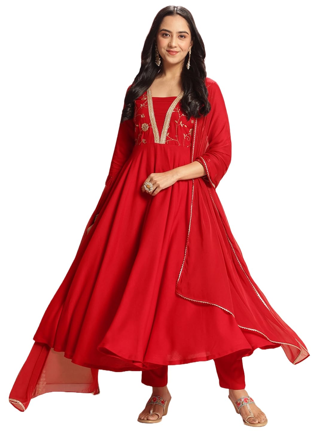 Anni Designer Women'S Rayon Blend Anarkali Embroidered Kurta With Pant & Dupatta (Bobheli Red_Xl_Red_X-Large),Red,XL