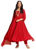 Anni Designer Women'S Rayon Blend Anarkali Embroidered Kurta With Pant & Dupatta (Bobheli Red_Xl_Red_X-Large),Red,XL