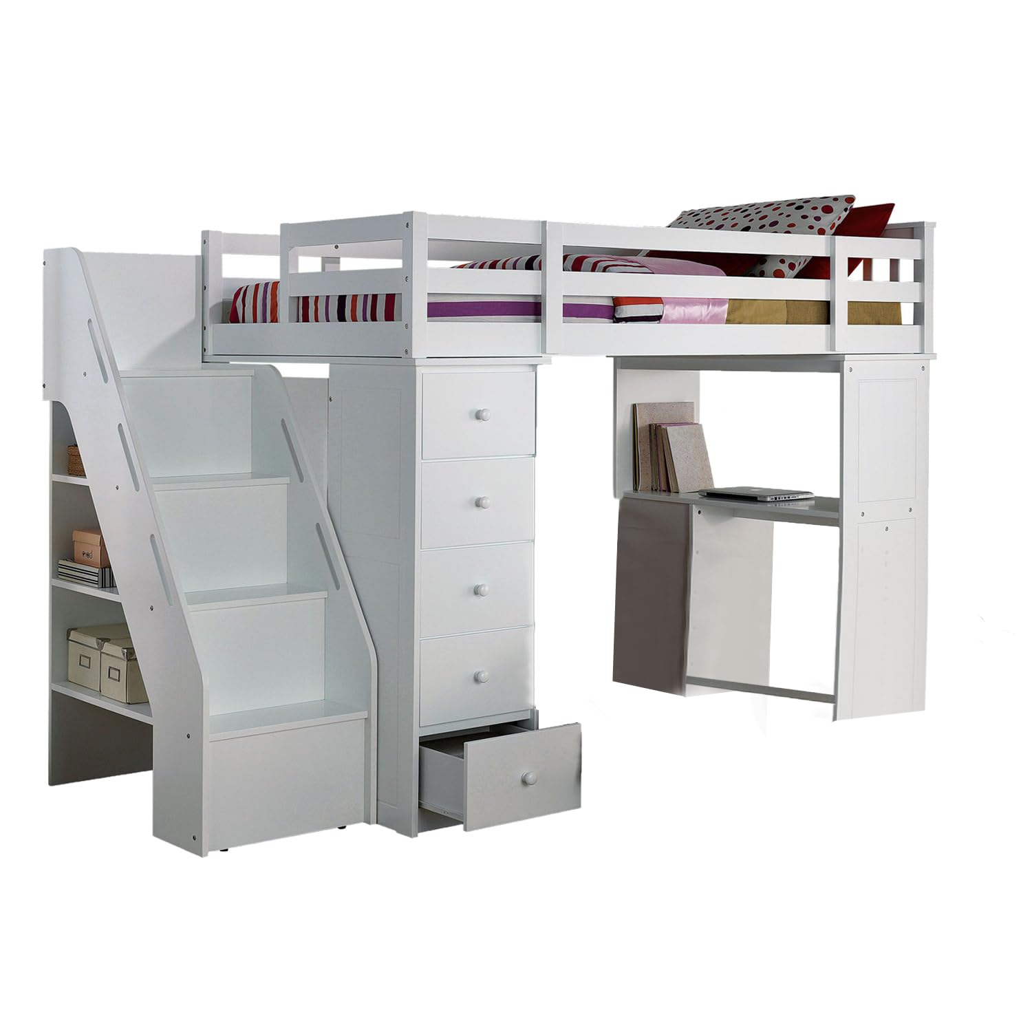 Acme Freya Solid Wood Storage Loft Bed With Bookshelf Ladder In White