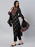 Anni Designer Women'S Cotton Blend Printed Straight Kurta With Pant & Dupatta (Nov-Black_M_Black_Medium),Black,M,Cotton Blend,Regular,Dupatta