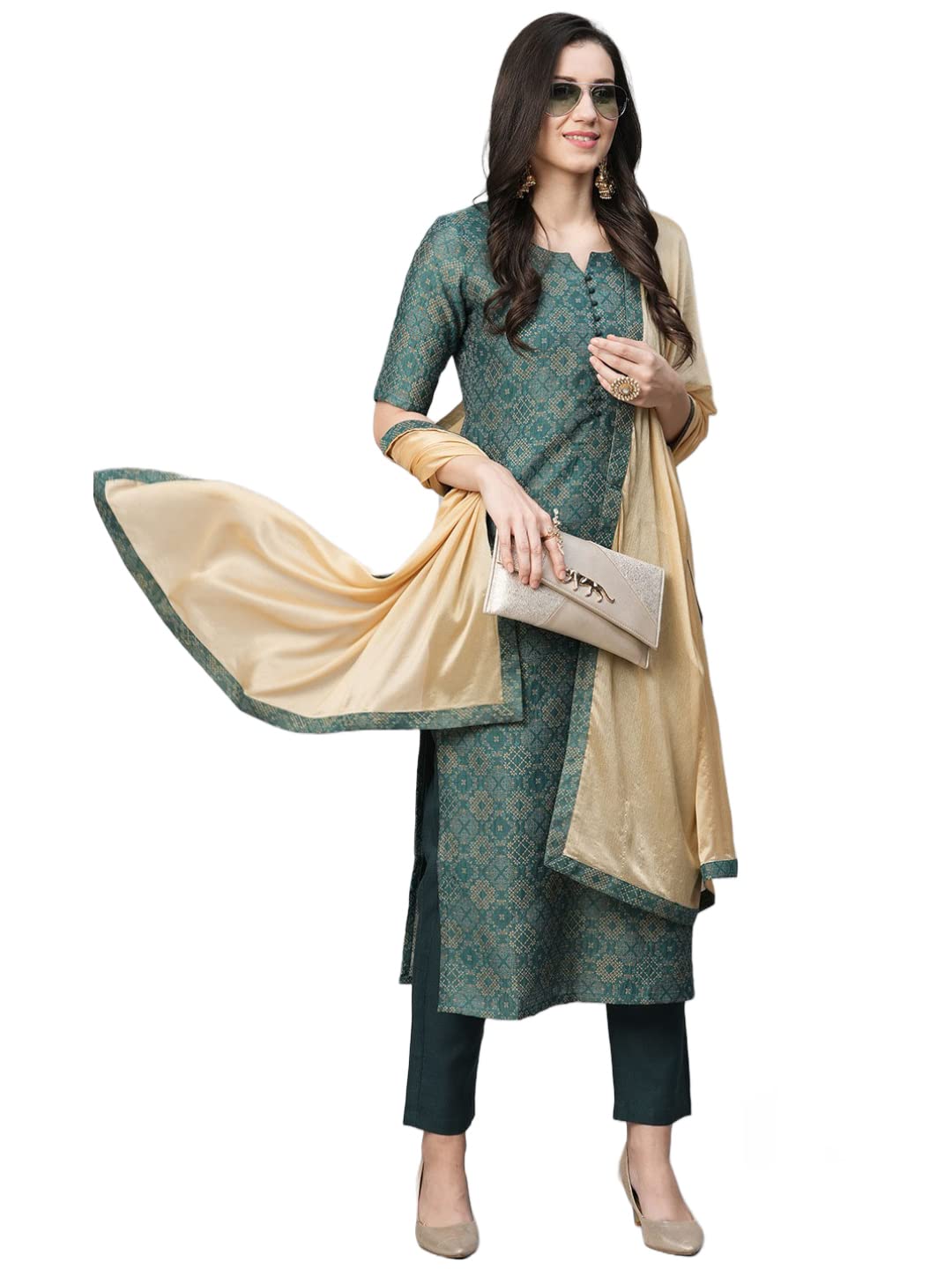 Gosriki Women'S Cotton Blend Printed Straight Kurta With Pant & Dupatta (Erod-Dark Green-Gs_3Xl_Dark Green_Xxx-Large),Dark Green,3,B0BV753PWD