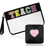 SUILU 2 Pcs Teacher Gifts Cosmetic Makeup Bag with Chenille Letter Patch,with Handles PVC Waterproof Clear Makeup Bag,Portable T