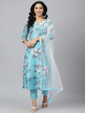 Anni Designer Women'S Cotton Blend Printed Straight Kurta Pant & Dupatta (Itta Light Blue_Xxl_Light Blue_Xx-Large),Light Blue,2XL,Cotton Blend,Straight,Pants, Dupatta