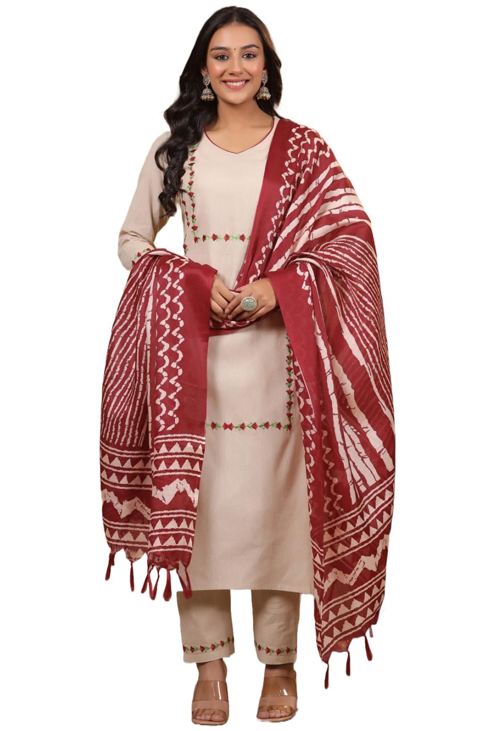 Gosriki Women'S Cotton Blend Straight Embroidered Kurta With Pant & Dupatta (Dd Beige-Gs_Xxl_Beige_Xx-Large),Beige,2,B0CR41M2NW