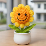 Vendola 13Cm Height Handmade Crochet Smiling Flower Pot For Home & Office Decor, Cute Aesthetic Desk Showpiece, Positive Vibes T