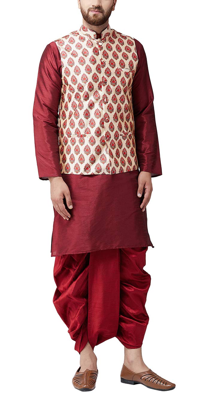 Sojanya (Since 1958 Mens Silk Blend Maroon Kurta Dhoti And Nehru Jacket Combo, Size: Xxl