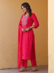 Gosriki Women'S Rayon Blend Embroidered Straight Kurta With Pant & Dupatta (Kasturi Pink-Nw-Gs_5Xl_Pink_Xxxxx-Large),Pink,5,B0CYH9M2YJ