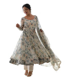 Wedani Women Floral Print Anarkali Kurta With Pant And Duptta (Small White-Beige),White-Beige,S