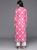 Varanga Women Pink V-Neck Collared Kurta With 3/4Th Sleeves, White Prints & Lace Detailing Around Neck (Extra Large)