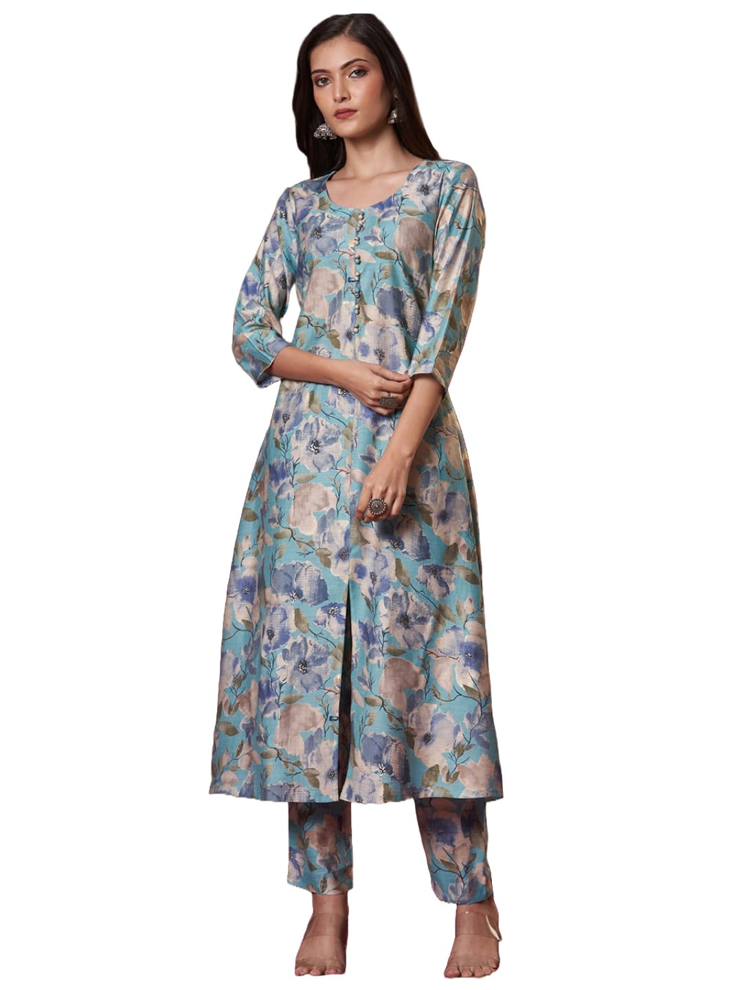 Anni Designer Women'S Rayon Blend Straight Printed Kurta With Pant (Bhaskar Sky Blue_L_Sky Blue_Large),Sky Blue,L