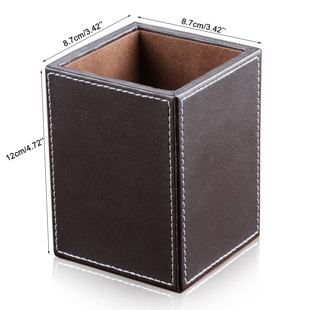 KINGFOM PU Leather Square Pens Pencils Holder Cup Desktop Stationery Organizer Case Office Accessories Container Box Brown