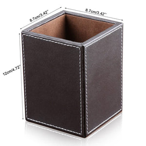 KINGFOM PU Leather Square Pens Pencils Holder Cup Desktop Stationery Organizer Case Office Accessories Container Box Brown