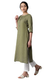 W Green Cotton Blend Regular Embroidered Solid Kurta For Women Olive Green Xs