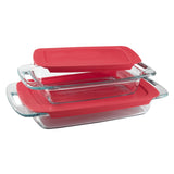 Pyrex Easy Grab 4-Piece Value Pack, Includes 1-Ea 3-Qt Oblong, 2-Qtoblong, Red Plastic Covers