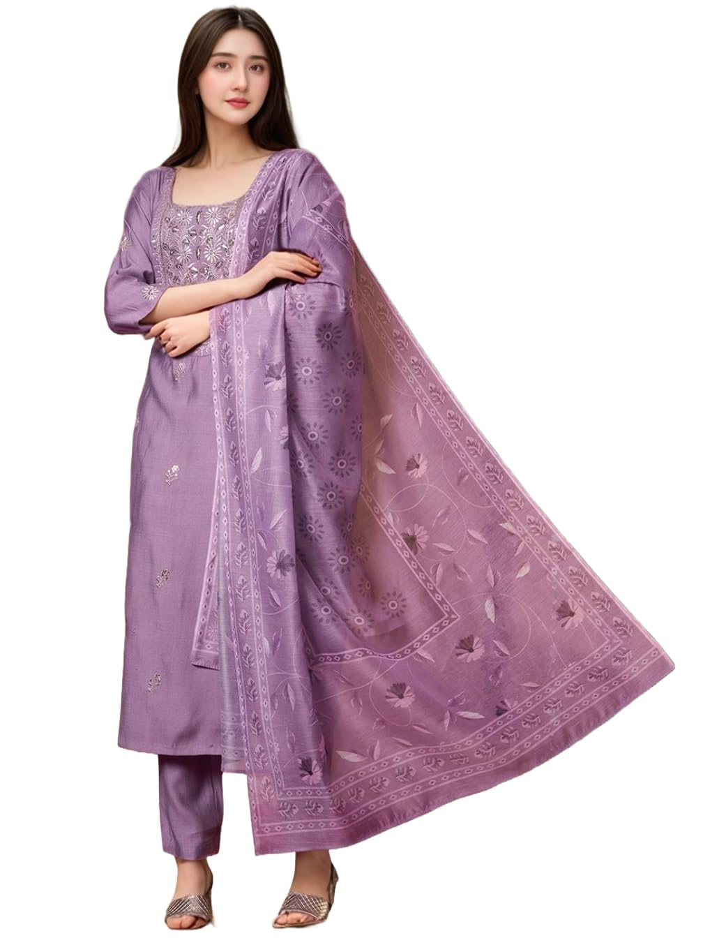 Anni Designer Women'S Rayon Viscose Straight Embroidered Kurta With Pant & Dupatta (Parimala Purple_Xl_Purple_X-Large),Purple,XL
