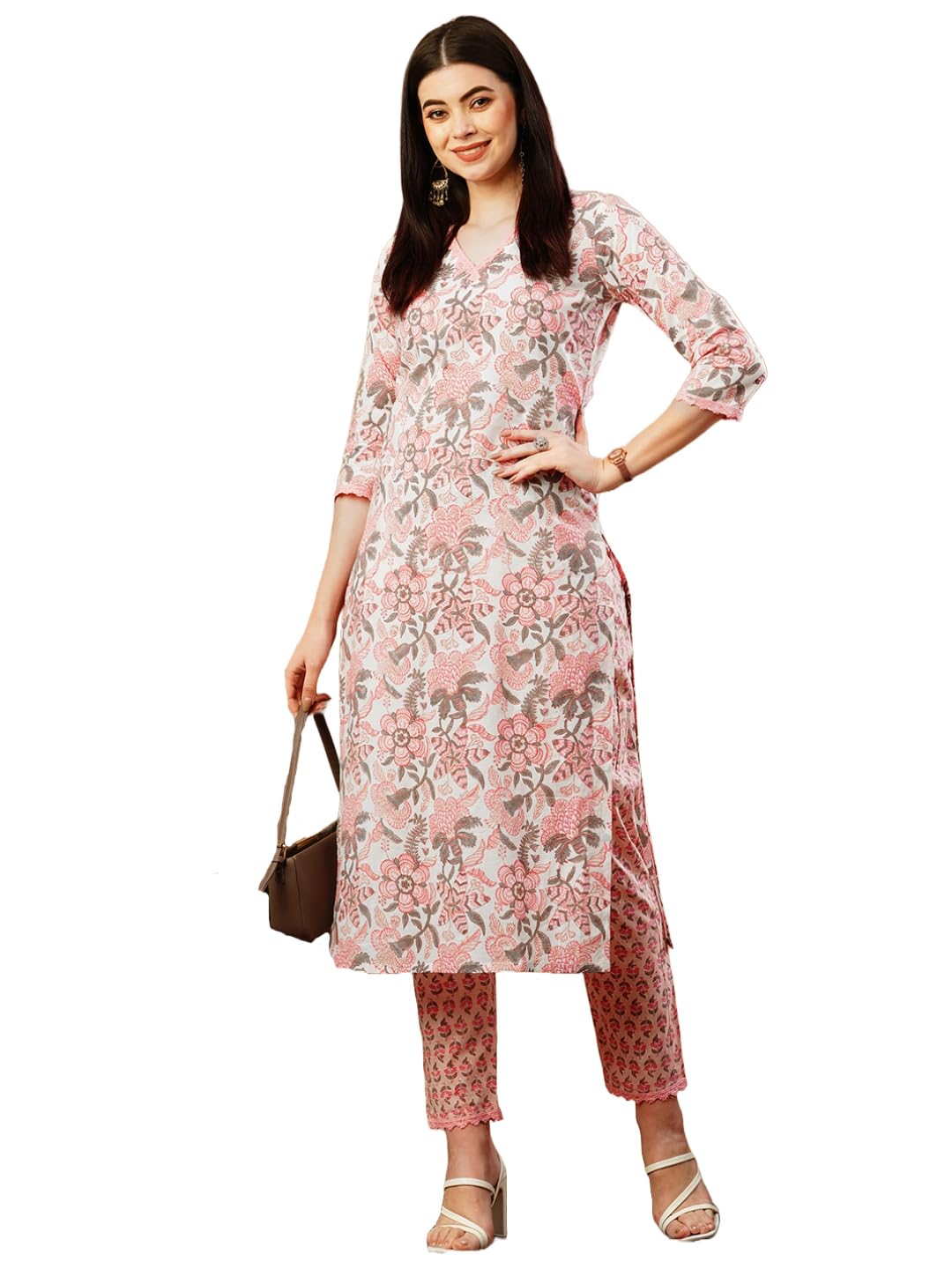 Gosriki Women'S Cotton Blend Straight Printed Kurta With Pant (Pdk26 White-Gs_Xl_White_X-Large),White,,B0CSG565HF