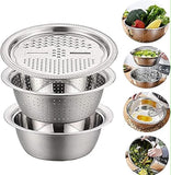 COZIESS 1Set, Multifunction 3in1 Stainless Steel Drain Basin with Cutting Board, Rice Strainer, Vegetable & Fruit Washing Bowl