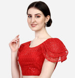 Pujia Mills Women'S Shipali Net Work Ruffle Sleeves Readymade Saree Blouse (Shipli Jhadu Red_Red_38 Size + Margin)