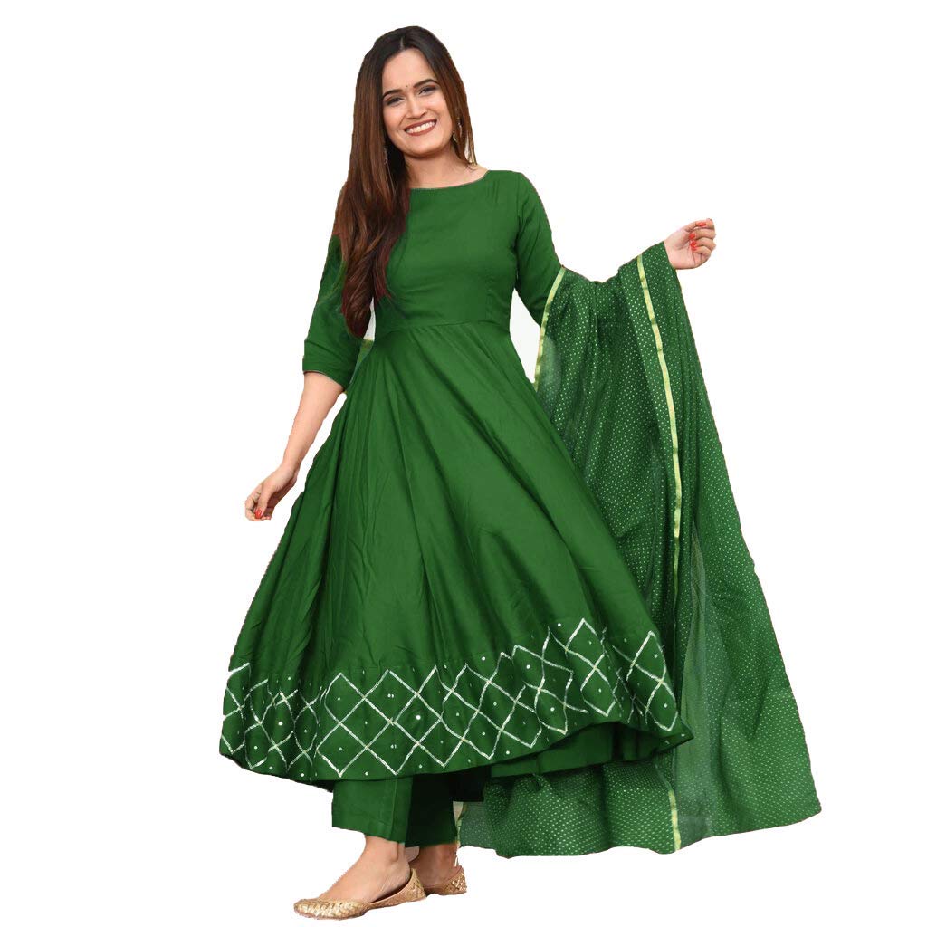 Gosriki Women'S Rayon Anarkali Soild Kurta With Dupatta Set(Kumt-New-Dress-Green_Xl-Green_X-Large),Green,,B0987THBZC