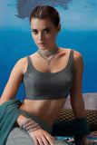 Soch Womens Grey Net Shimmery Scoop-Neck Back-Open Sleeveless Blouse Grey M