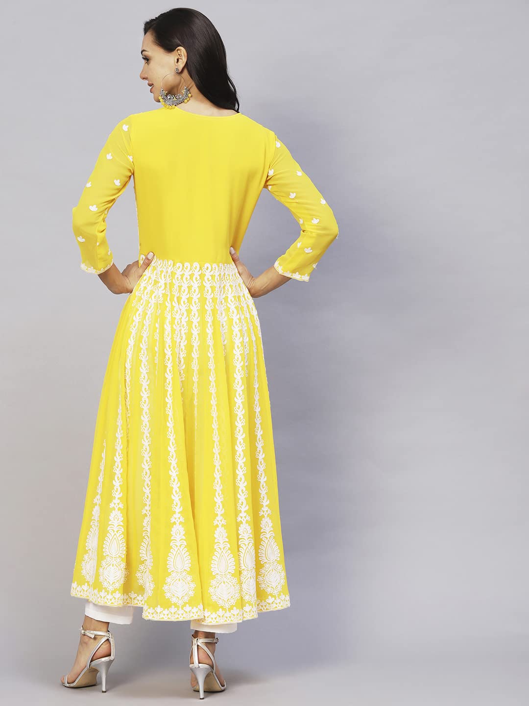 Gosriki Women'S Georgette Chikankari Embroidered Anarkali Kurti (Kari Yellow-Gs_M_Yellow_Medium),Yellow,,B0C5RWP2DC