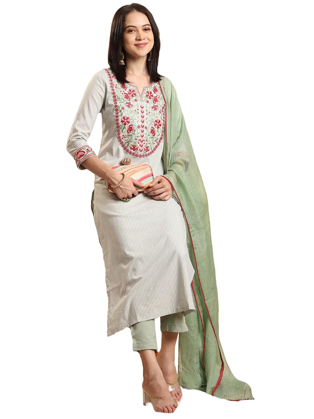 Gosriki Women'S Rayon Blend Embroidered Straight Kurta With Pant & Dupatta (Farigup-Green-Vks01-Gs_S_Green_Small),Green,,B0DK9QK4VC