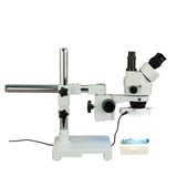 OMAX 7X-45X Trinocular Zoom Stereo Microscope on Single Bar Boom Stand with 144-LED Ring Light