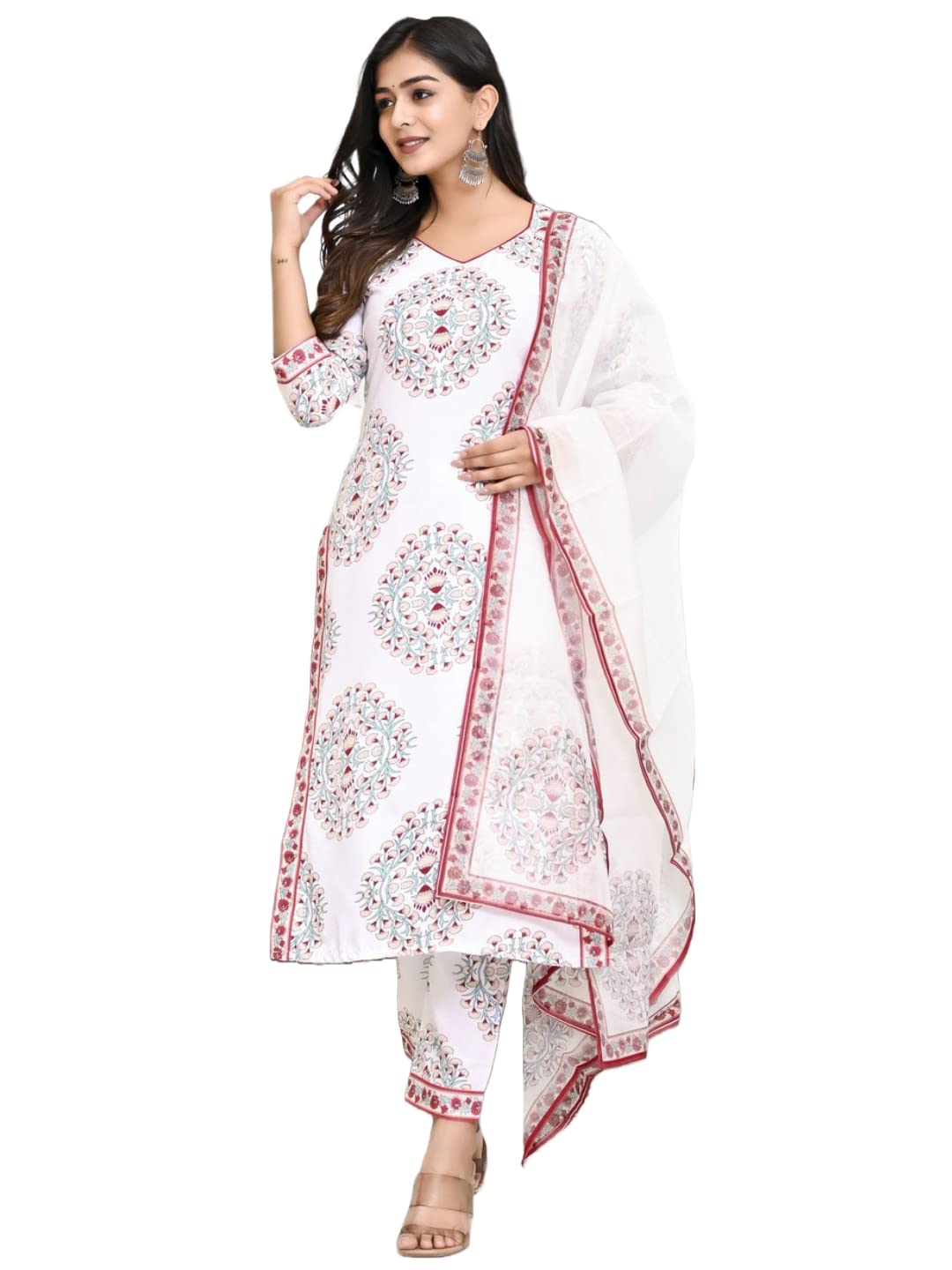 Anni Designer Women'S Cotton Blend Floral Printed Straight Kurta With Pants & Dupatta (Cup-Off-White-Cmd_S_White_Small),White,S