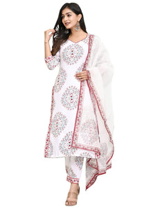 Gosriki Women'S Cotton Blend Floral Printed Straight Kurta With Pants & Dupatta (Cup-Off-White-Cmd-Gs_Xl_White_X-Large),White,,B0C6GXY25L