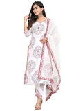 Anni Designer Women'S Cotton Blend Floral Printed Straight Kurta With Pants & Dupatta (Cup-Off-White-Cmd_S_White_Small),White,S