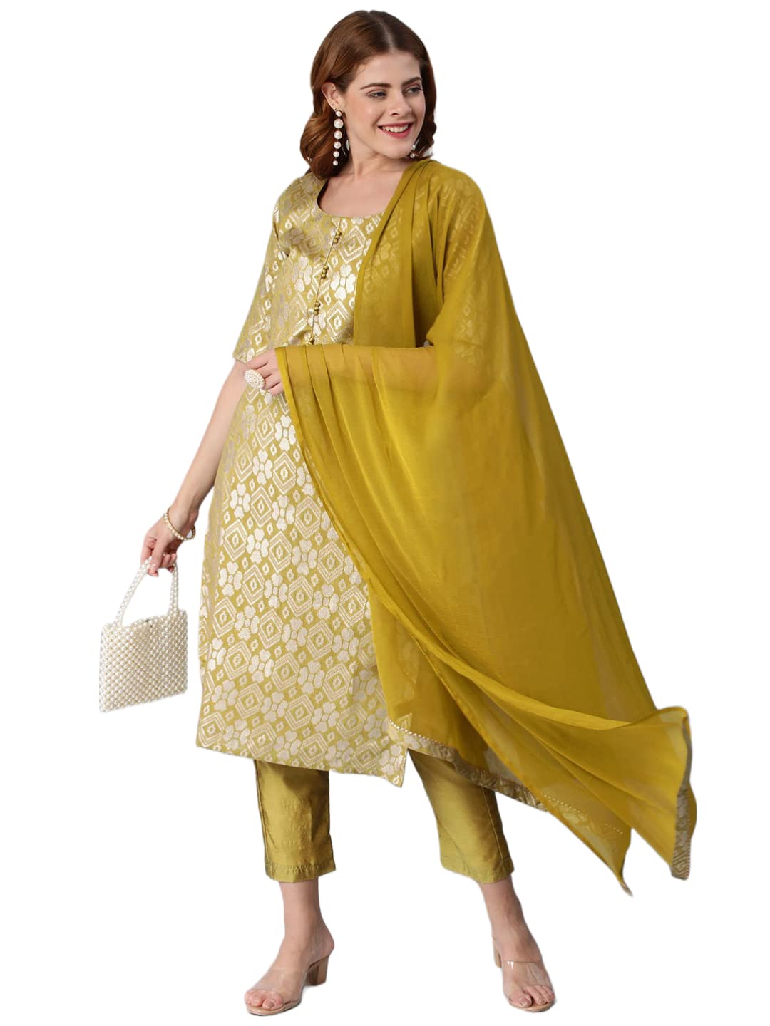 Anni Designer Women'S Banarasi Woven Straight Embellished Printed Kurta With Pant & Dupatta (Kabzaa-Methi-Nw_L_Mustard_Large),Mustard,L