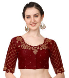 Pujia Mills Women's Embroidery Handwork, Rough Cut Work Stone Work Readymade Blouse (36, Marun)