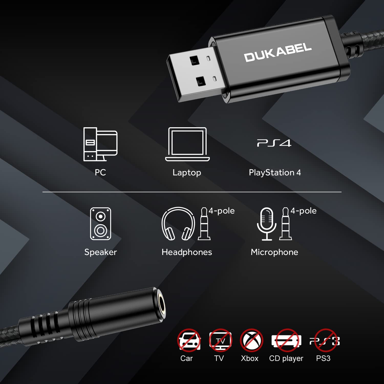 DUKABEL USB to 3.5mm Jack Audio Adapter, USB to Aux Cable with TRRS 4-Pole Mic-Supported USB to Headphone AUX Adapter Built-in C