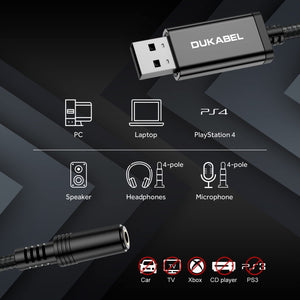 DUKABEL USB to 3.5mm Jack Audio Adapter, USB to Aux Cable with TRRS 4-Pole Mic-Supported USB to Headphone AUX Adapter Built-in C