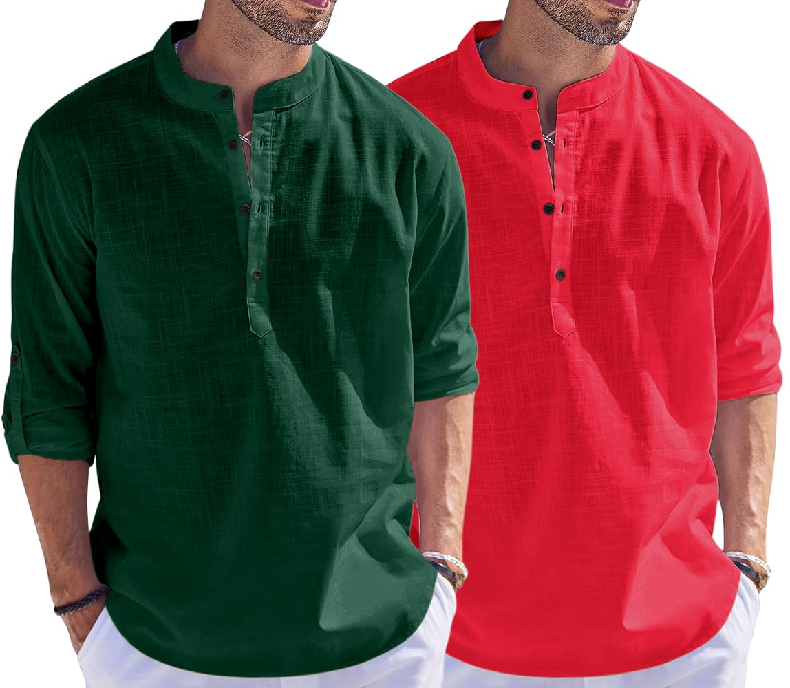 Bellstone Men'S Cotton Blend Solid Regular Fit Dress Shirt (Kurta1500_Combo_D Green & Red_M_Dark