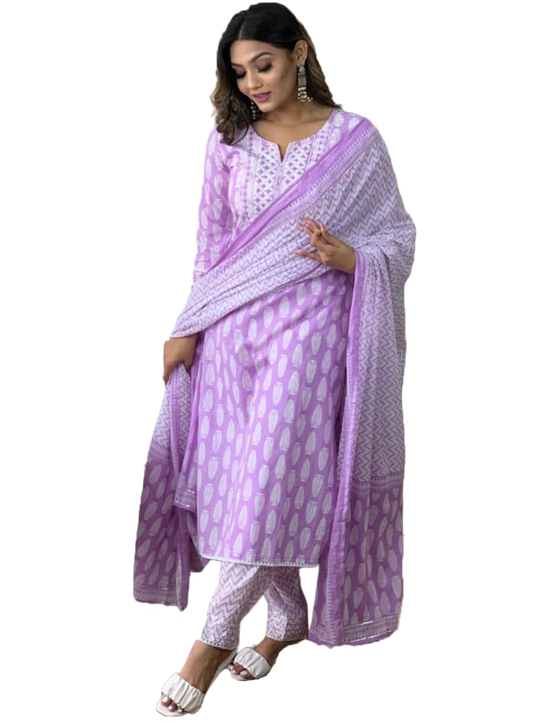 Anni Designer Women'S Cotton Blend Straight Printed Kurta With Pant & Dupatta (Baiyaan Purple_S_Purple_Small),Purple,S