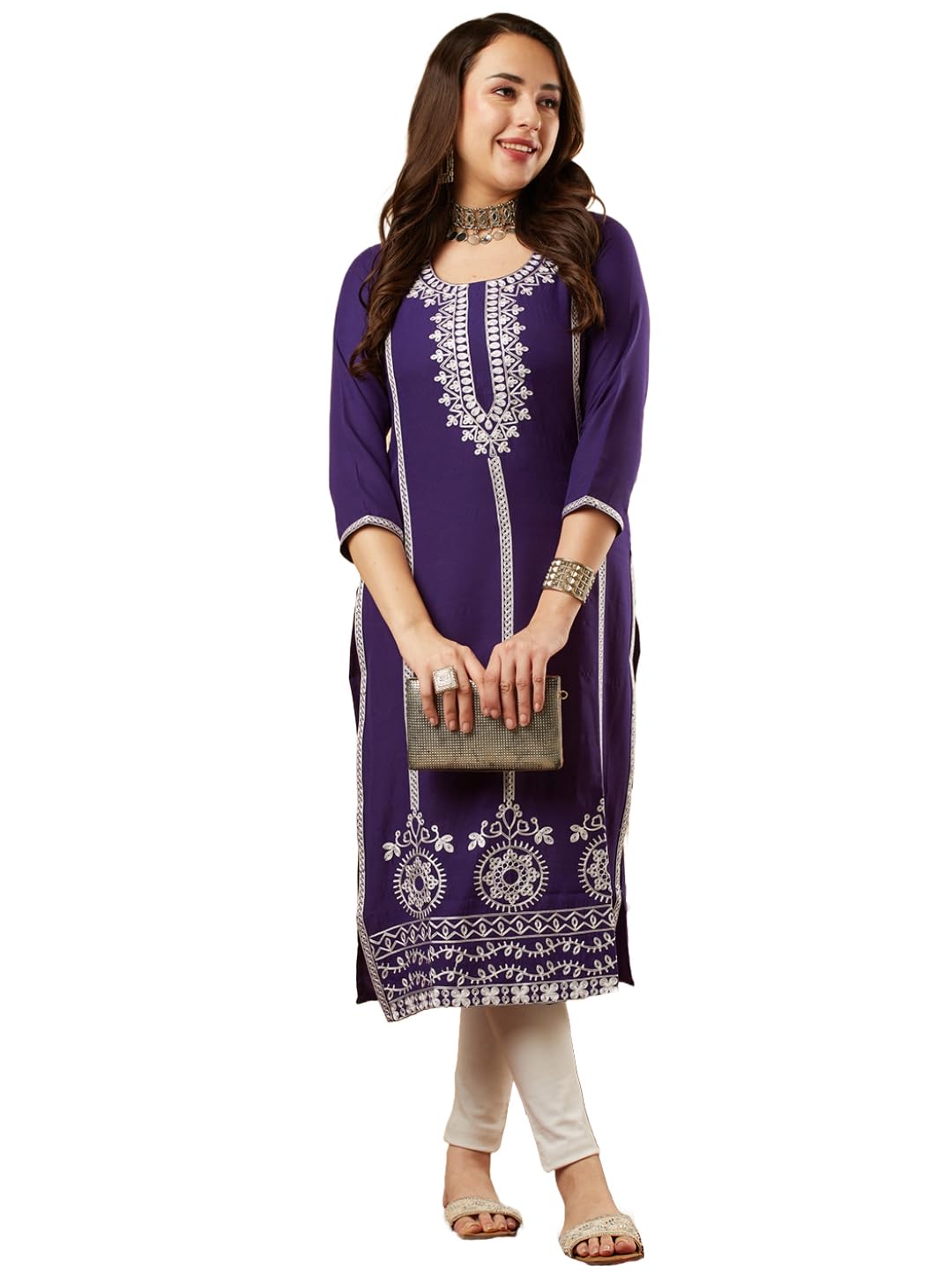 Anni Designer Women'S Cotton Blend Chikankari Embroidered Straight Kurta (Chndru Violet_Xl_Violet_X-Large),Violet,XL